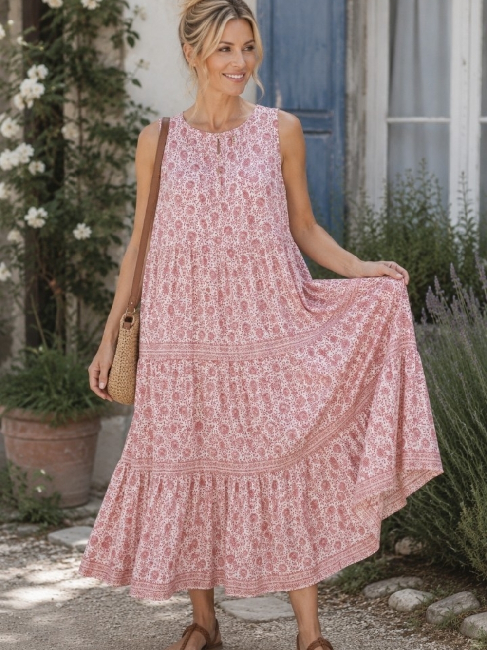 NWT Max Studio 100% Cotton Pink Floral Sleeveless Midi Dress Cottagecore L